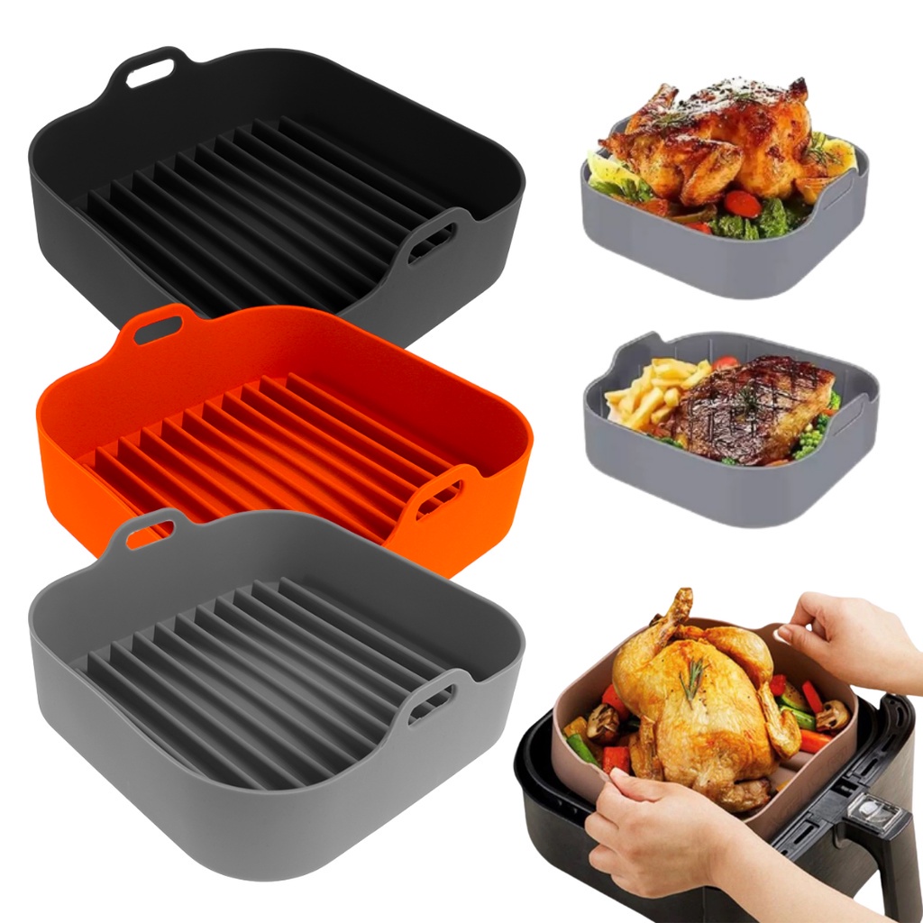 Forma Cesto de Silicone Quadrada Para Air Fryer Fritadeira Elétrica Micro-ondas Com Alça 17cm