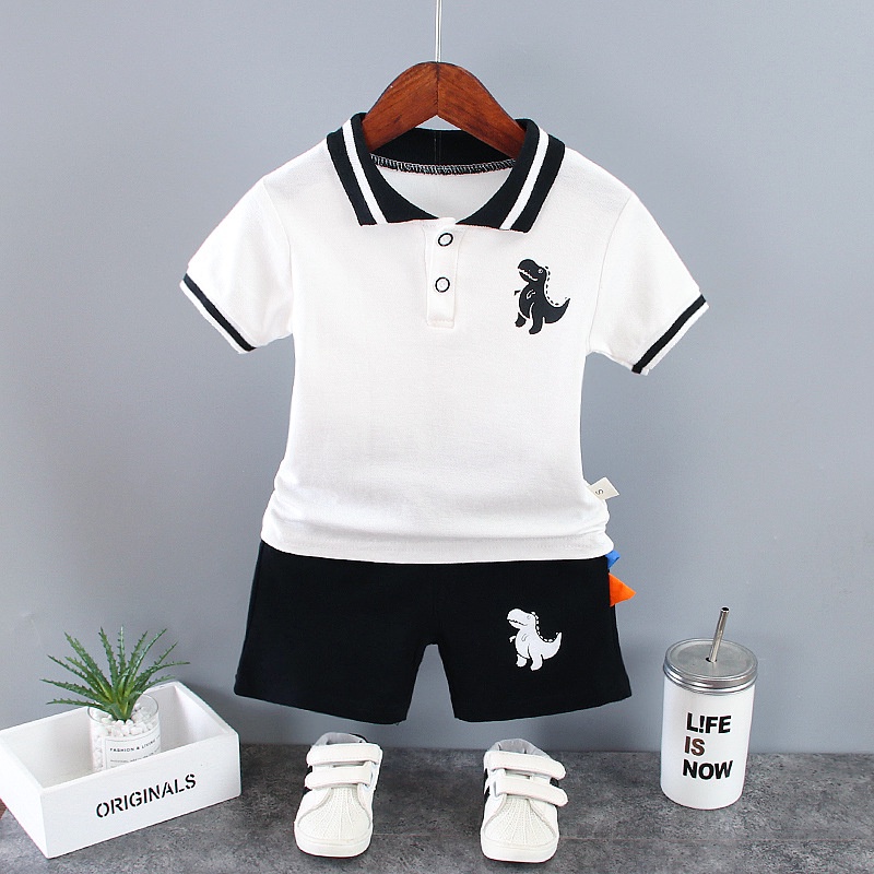 Camisa pólo de manga curta de dinossauro de verão para meninos + shorts de duas peças conjunto, roupas de bebê,
