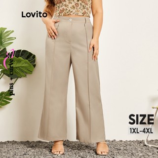 Lovito Curvas Plus Size Calça Feminina Lisa Casual com Bolso Botão e Zíper LPS06025 (Cáqui Claro)