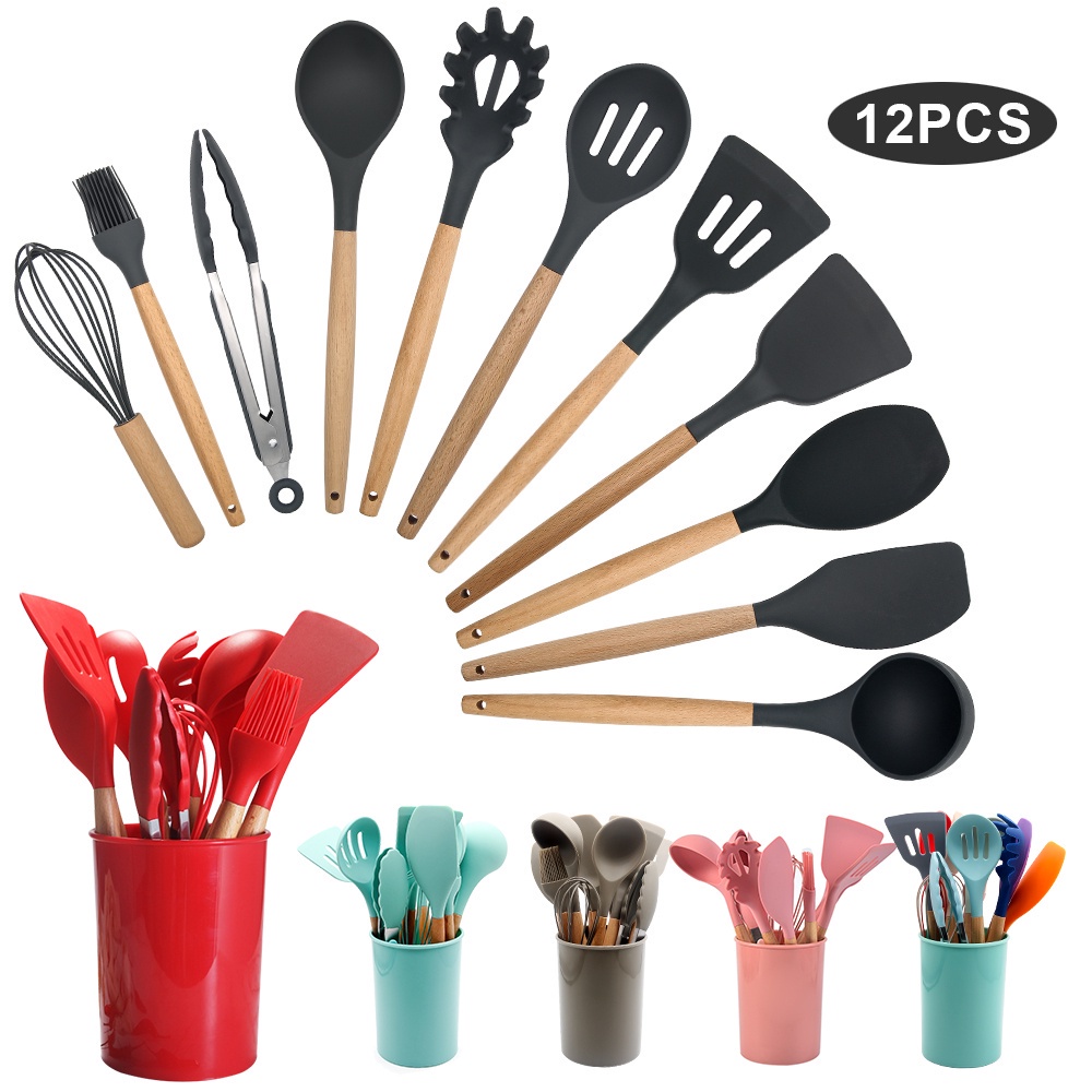 Kit Colher De Silicone Jogo 12 Peças Com Suporte Utensílios De Cozinha Colheres Cabo Madeira Decoração