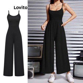 Lovito Casual Liso Macacão Feminino Básico Modelo Reto L65ED187 (Preto)