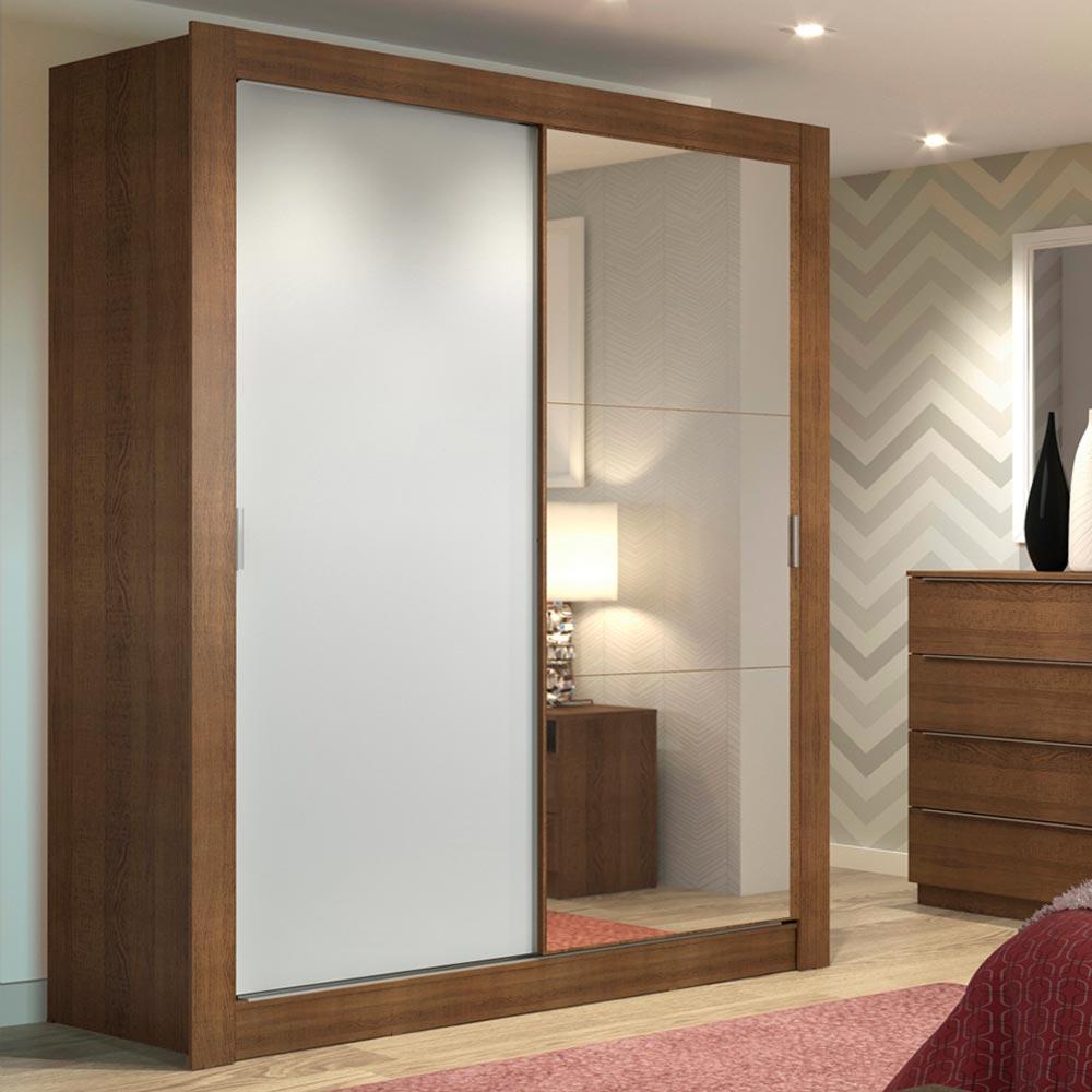 Guarda-Roupa Solteiro Madesa Dallas 2 Portas de Correr com Espelho 2 Gavetas - Rustic/Branco - Home & Living