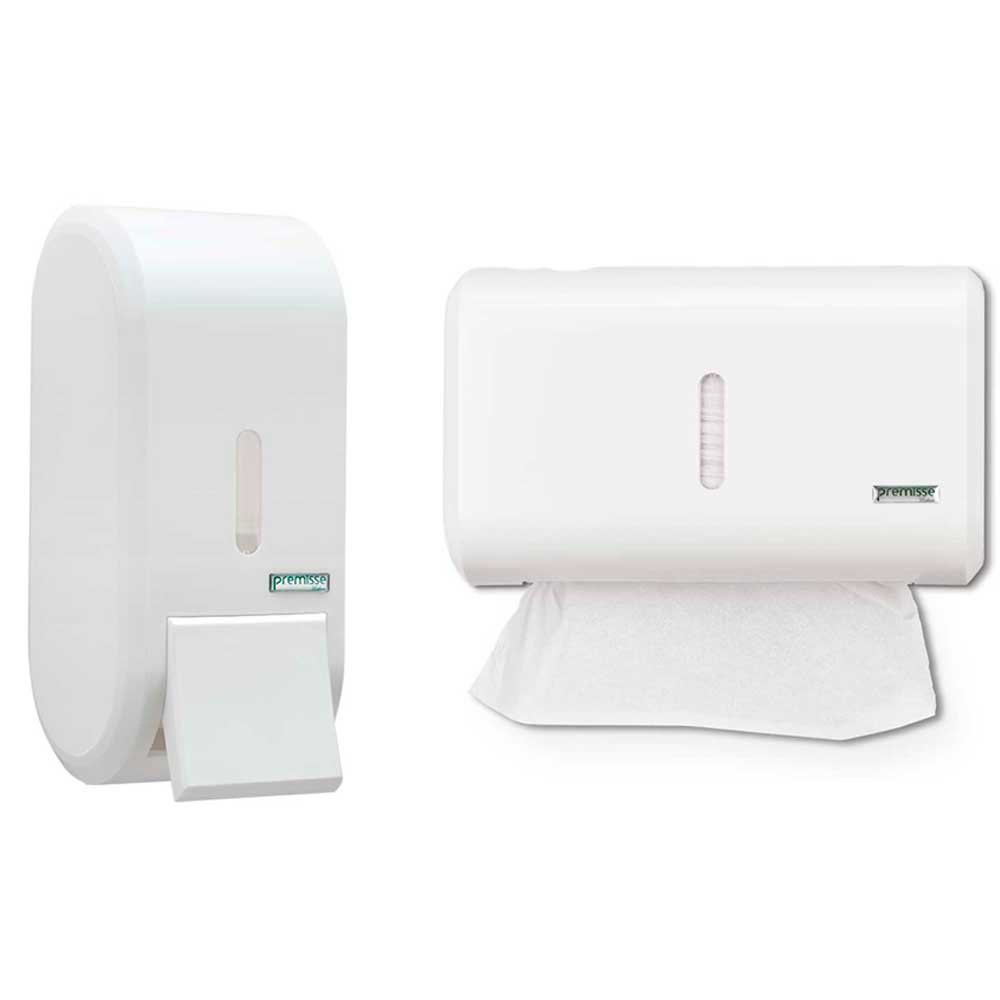 Kit 1 Dispenser Porta Sabonete líquido álcool gel + 1 Toalheiro porta papel toalha compacto Urban Branco Banheiro Bar Lavabo Consultório Prédio