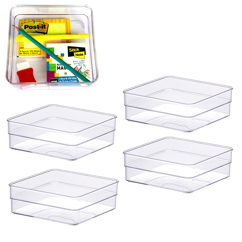 Kit 4 Organizador multiuso quadrado armário gaveta porta talher cozinha material escritório lápis caneta post-it acessórios cosméticos closet Paramount