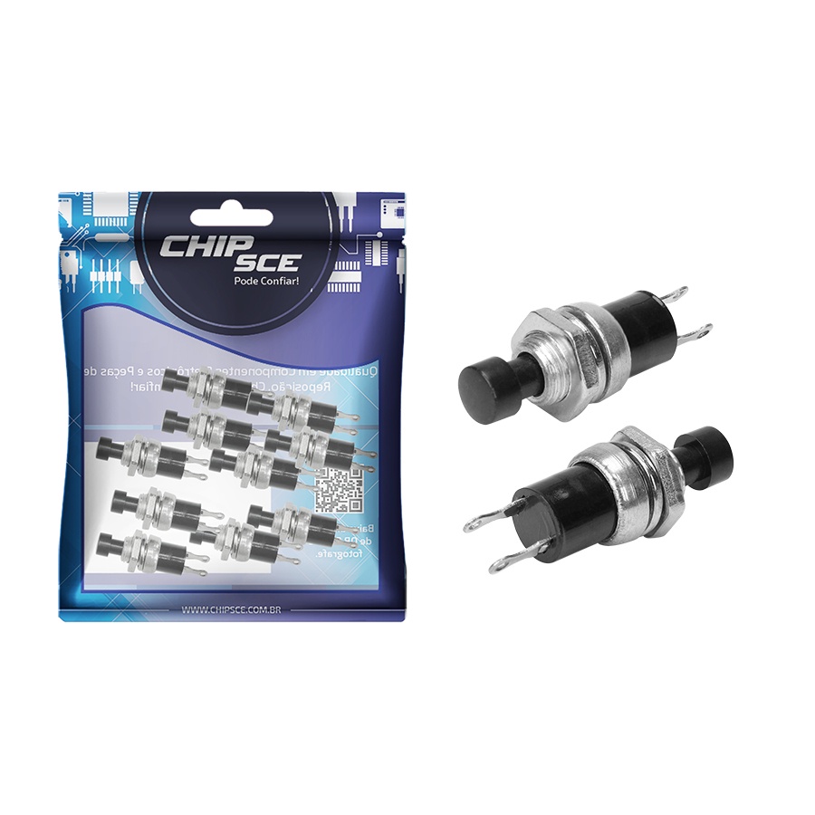 10x Chave Push Button 2 Terminais N/A - Pbs-110 Preto