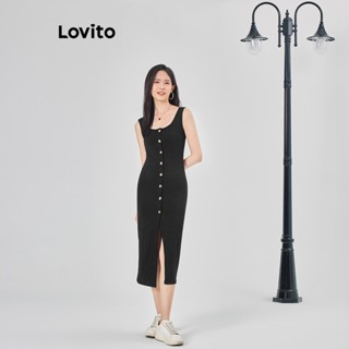 Lovito Casual Vestido Feminino Liso com Botão Frontal L68ED246 (Preto)