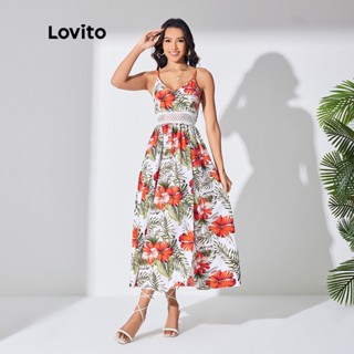 Lovito Vestido Boho Tropical De Renda Dividida Na Coxa Para Mulheres LBL07186