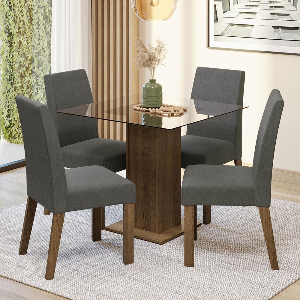 Conjunto Sala de Jantar Mesa Tampo de Vidro 4 Cadeiras Rustic/Silver Ivy Madesa em Oferta na Shopee