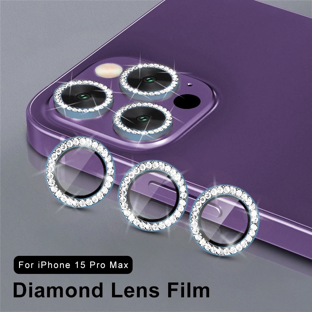 Protetor de câmera diamante para iPhone, vidro temperado, tampa do anel, filme caso, 9D, apto para iPhone 15 Pro Max, 11, 12, 13Mini, 14 Pro Max