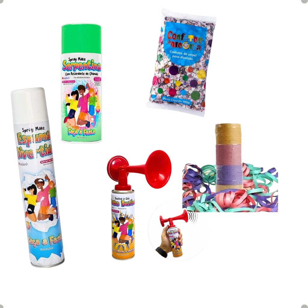 KIT CARNAVALFOMATURA LANÇA ESPUMA CONFETES DE PAPELBUZINA SERPENTINA SPRAY VERDE SERPENTINA DE PAPEL