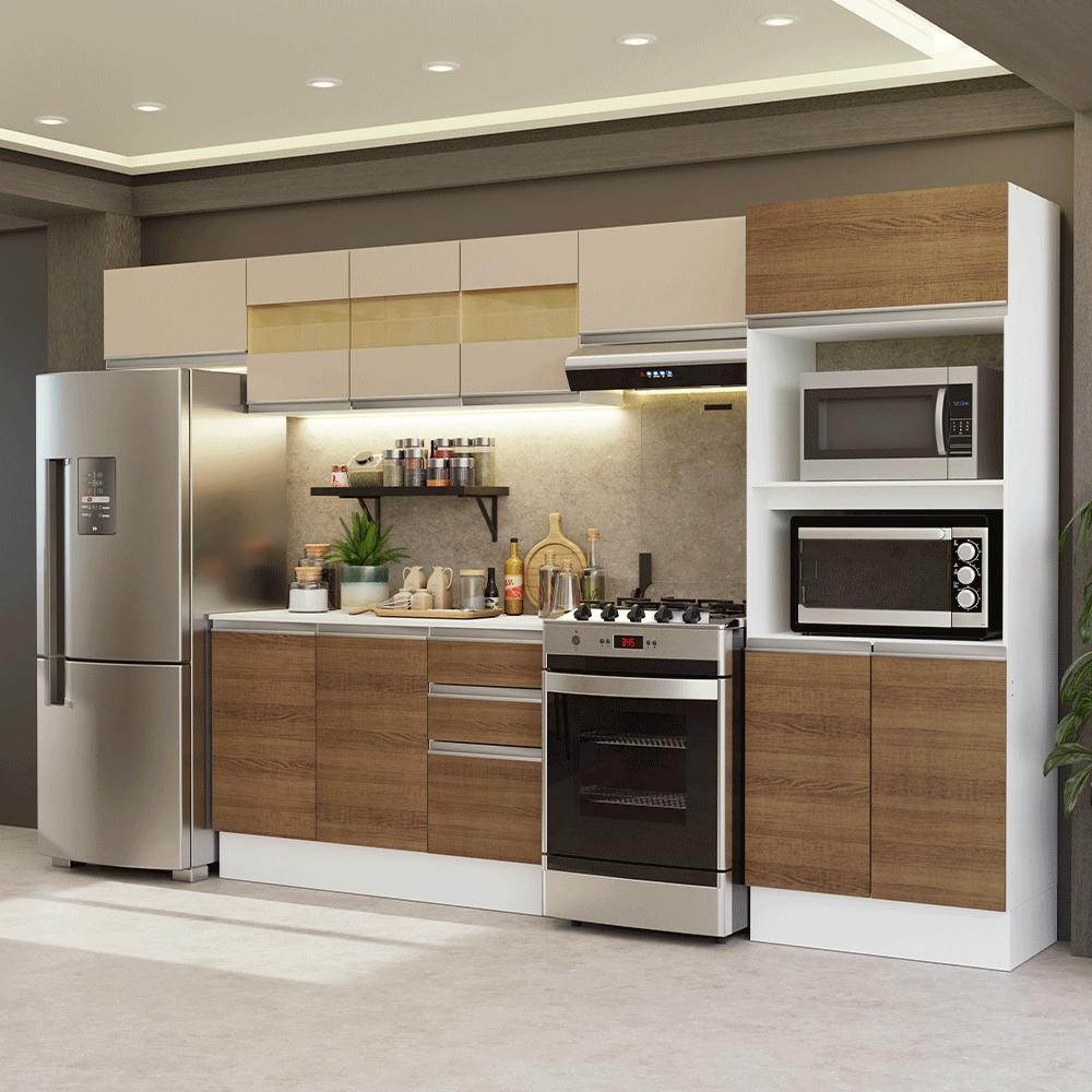 Armário de Cozinha Completa 100% MDF 310 cm Branco/Rustic/Crema Smart 01 XA em Oferta na Shopee