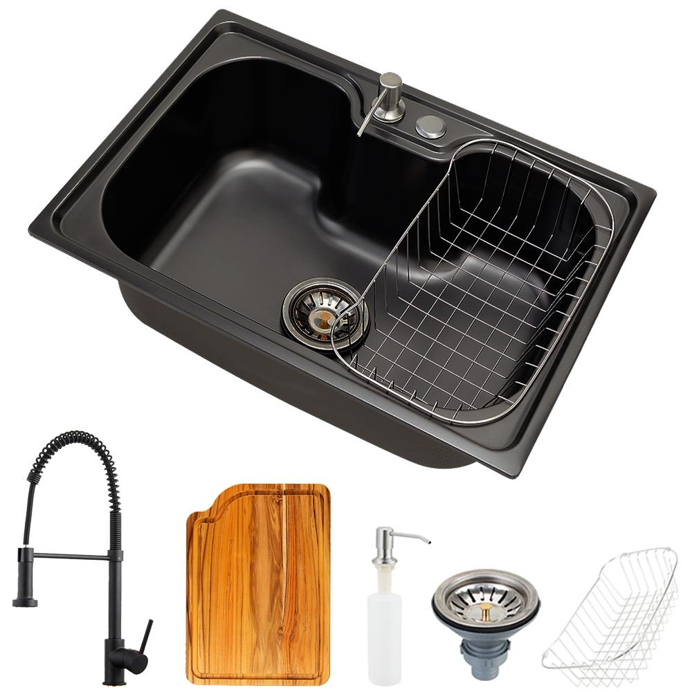 Cuba para cozinha gourmet pia aço inox com acessórios e tábua de corte Carajás Preta e Torneira monocomando Envira Preta - Home & Living