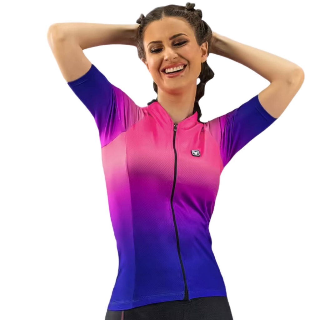 Camisa Freeforce Feminina Start All Fit Roxa e Rosa Gradiente Comfort Ciclismo Camiseta Sport Esportiva Ciclista Proteção UV Esporte