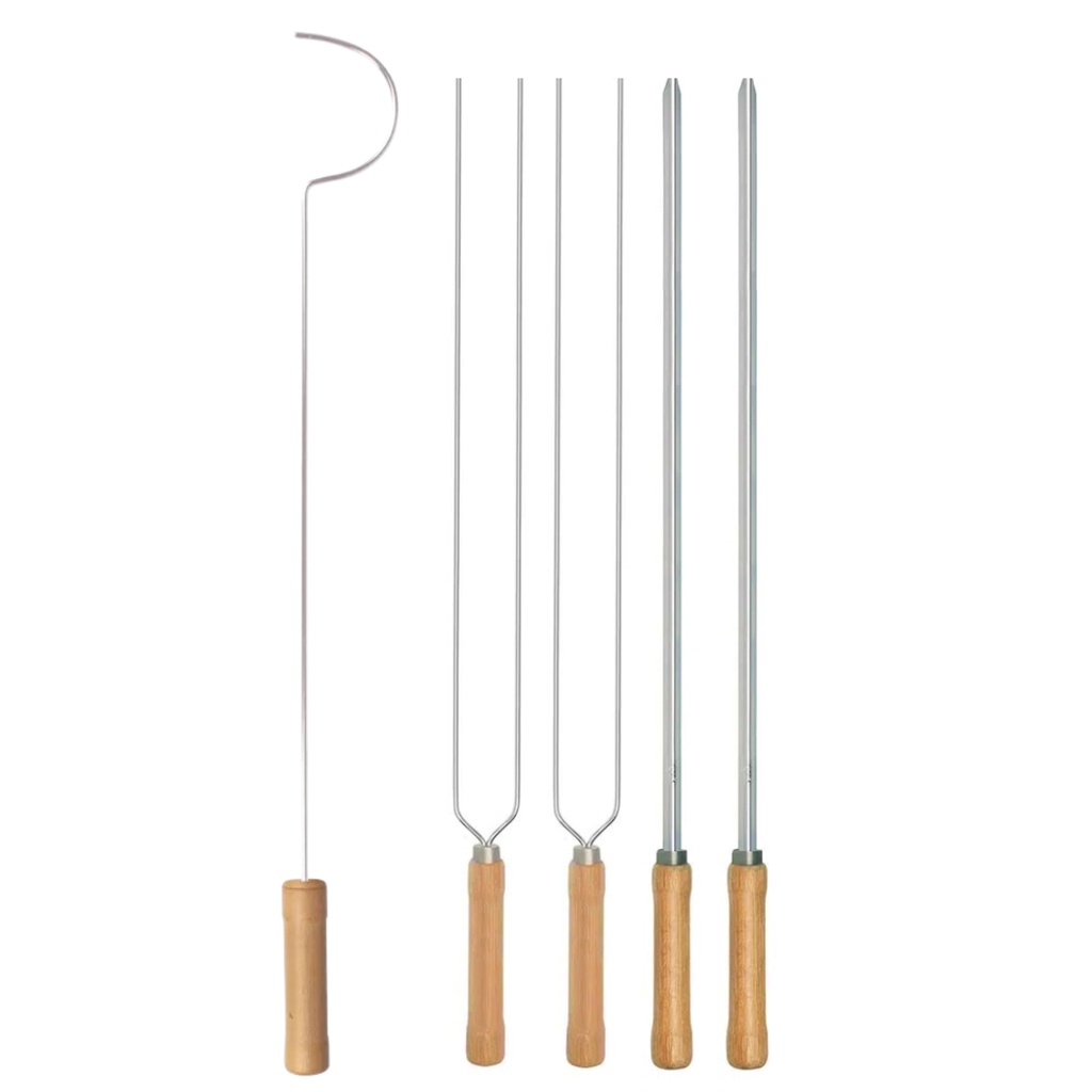 Kit Preparo Churrasco 5pcs Churrasqueira Espetos 65cm Simples e Duplo Cabo Madeira Mor - Home & Living