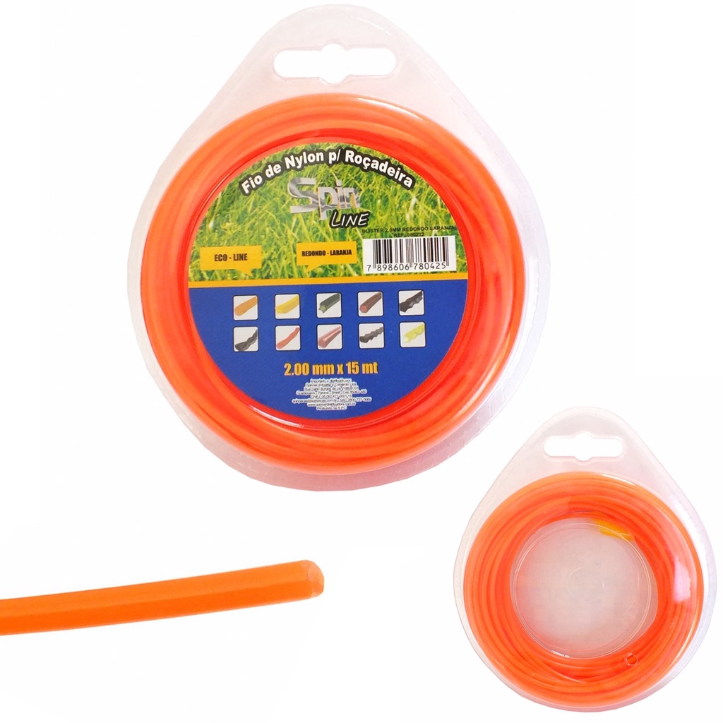Fio de Nylon 2mm para Roçadeira Aparador de Grama Trapp Tramontina Redondo Laranja 15m Spin Premium