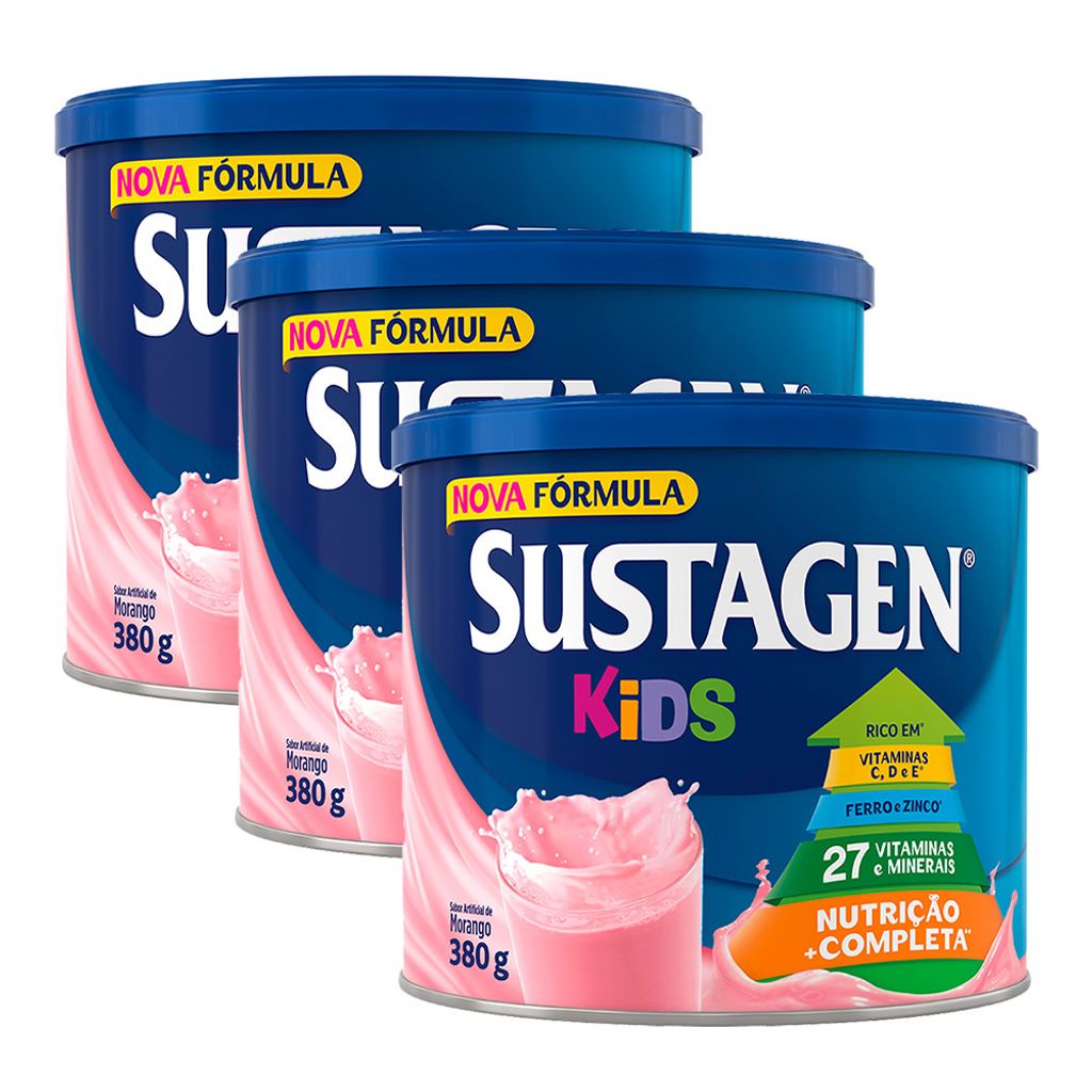 Complemento Alimentar Sustagen Kids Morango Lata 380g | Kit com três unidades em Oferta na Shopee