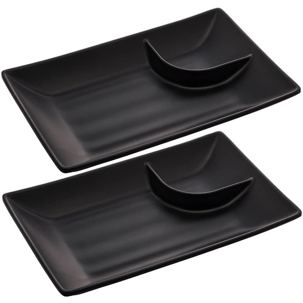 Kit 2 Pratos para Sushi com Molheira Melamina Pretos 19x12,5cm Lyor Tóquio Retangulares