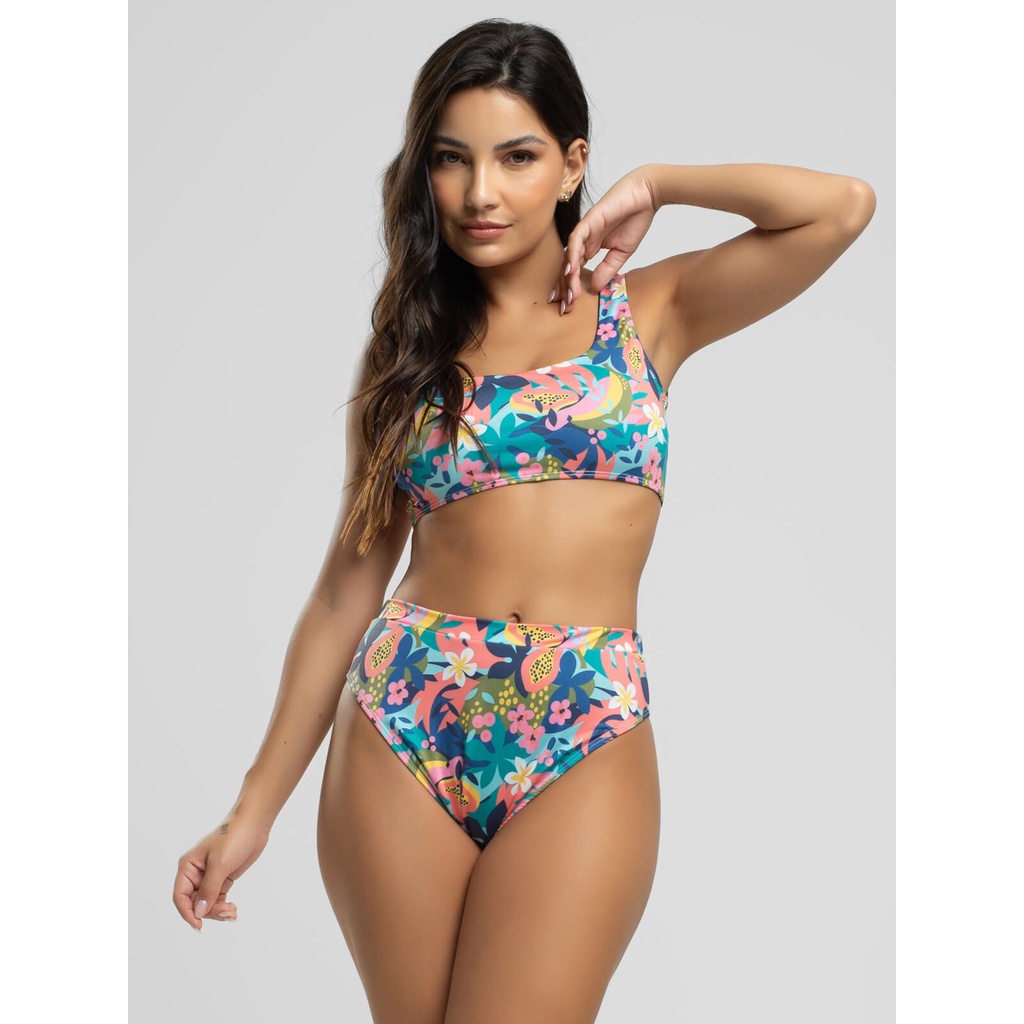 Biquini Regata Calcinha Hot Pants Estampado Proteção Uv 50+ em Oferta na Shopee