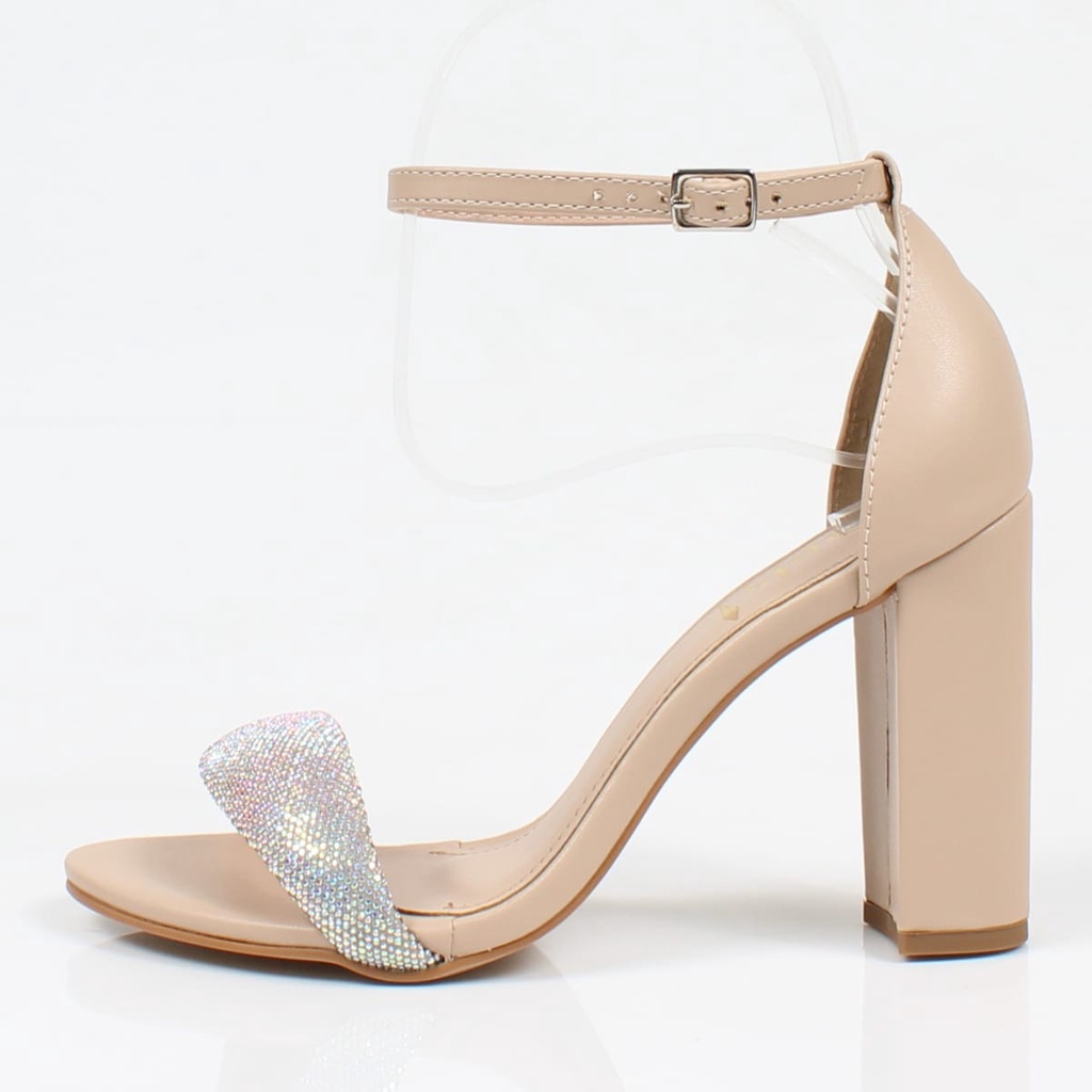 Sandália Salto Grosso Week Shoes Tira Strass Nude Brilho