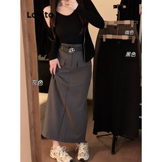 Lovito Saia Casual Com Bolso Falso Com Zíper Liso Para Mulheres LNE31235 (Cinzento Preto)