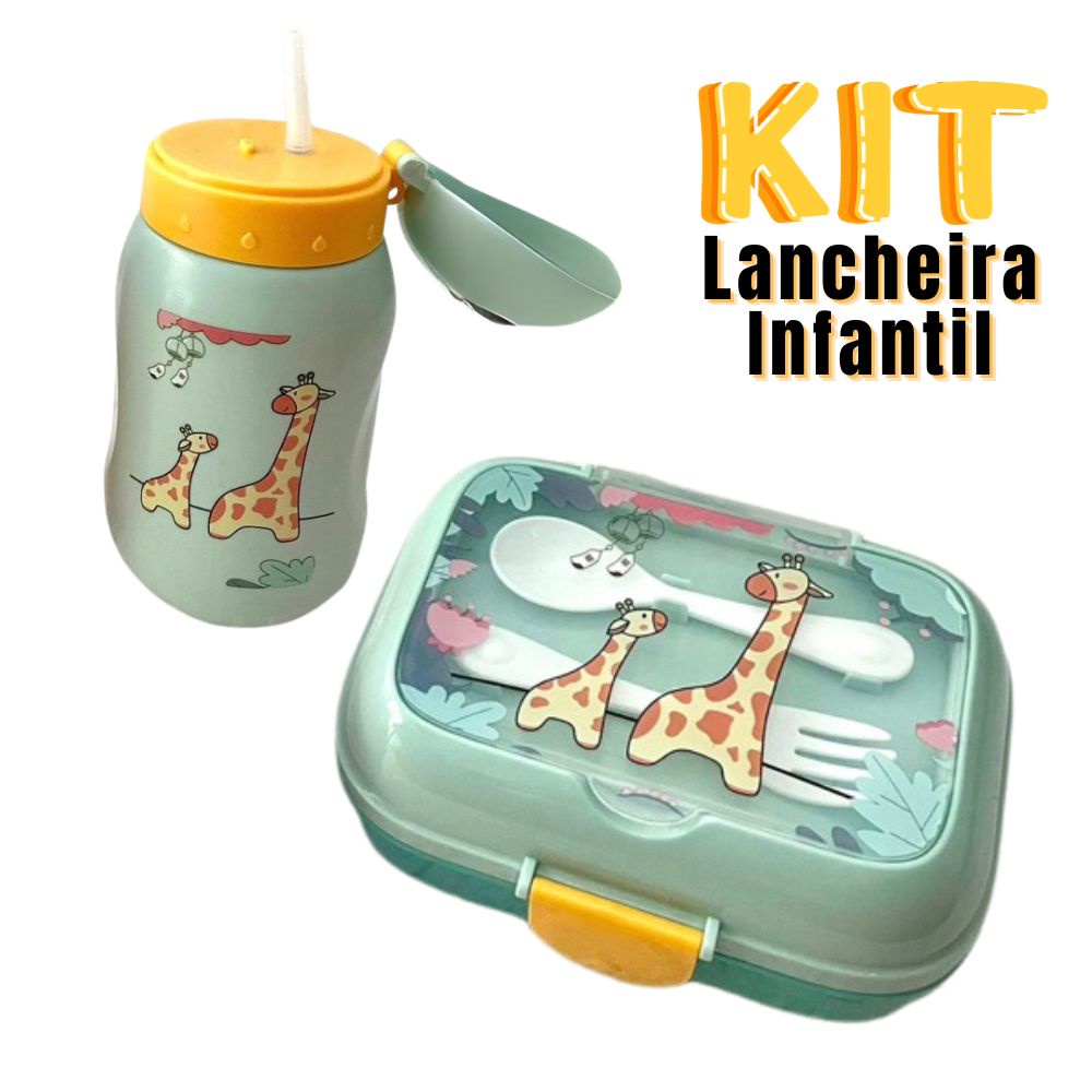 Kit Pote Lancheira Infantil Marmita 450ml com 2 Talheres + Garrafa 500ml 2 Divisórias