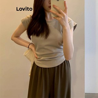 Lovito Camiseta Casual Lisa Franzida Para Mulheres LNE36275 (Cáqui/Preto)