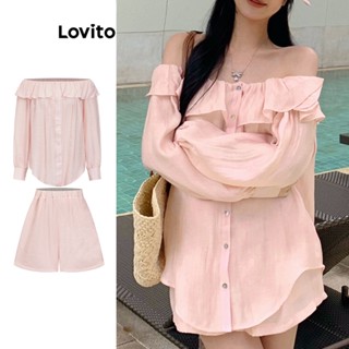 Lovito Conjunto de Shorts Fofos com Botões, Babados e Amarração em Tecido Texturizado para Mulheres L73AD053