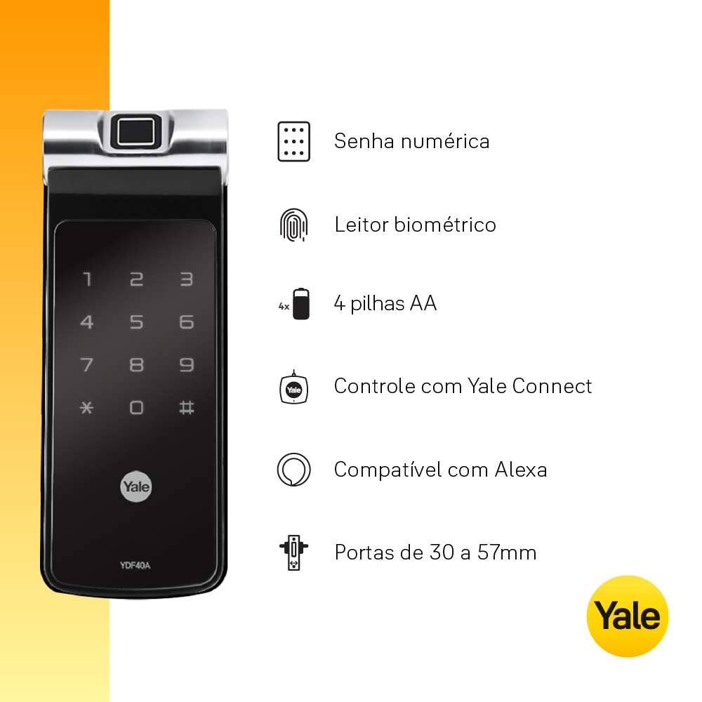 Fechadura Digital YDF 40A com Biometria e Senha - Trinco Lingueta Tubular