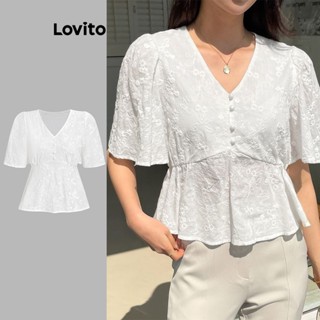 Lovito Elegante Blusa Feminina Lisa com Bordado de Ilhós Botão e Bainha de Babados L74ED109