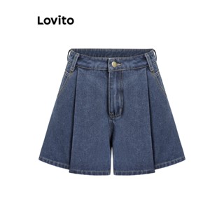 Lovito Casual Shorts Jeans Feminino Liso Plissado com Bolso L74ED008
