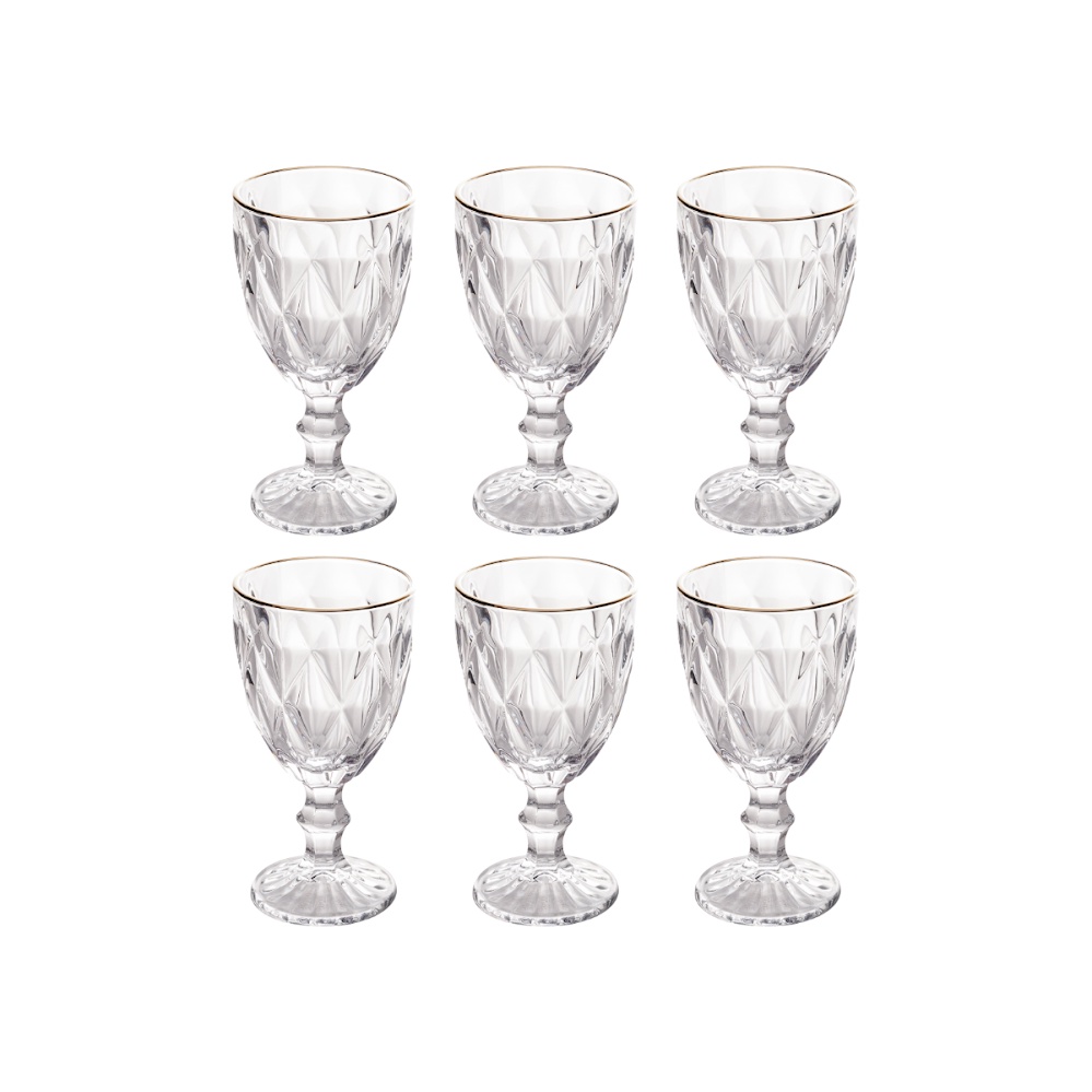 Jogo Kit 6 Taças De Vidro Cristal Água Vinho Champagne Alto Relevo Diamante Multiuso Servir Mesa Posta Festas