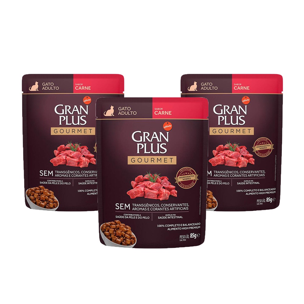 KIT 3 Ração Úmida Gran Plus Gourmet Gatos Adultos Carne Sachê 85g em Oferta na Shopee