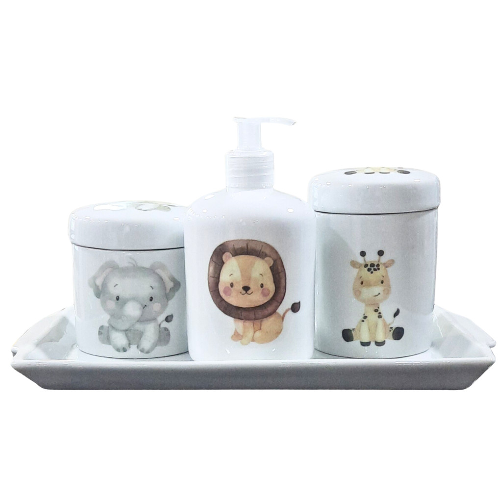 Kit higiene bebê Safari 4 peças - Bandeja, potes, porta álcool e molhadeira - Tudo Porcelana