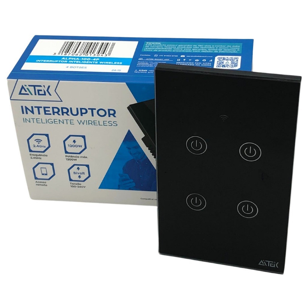 Interruptor Inteligente Wifi 4 Botões Touch Wirelles Preto