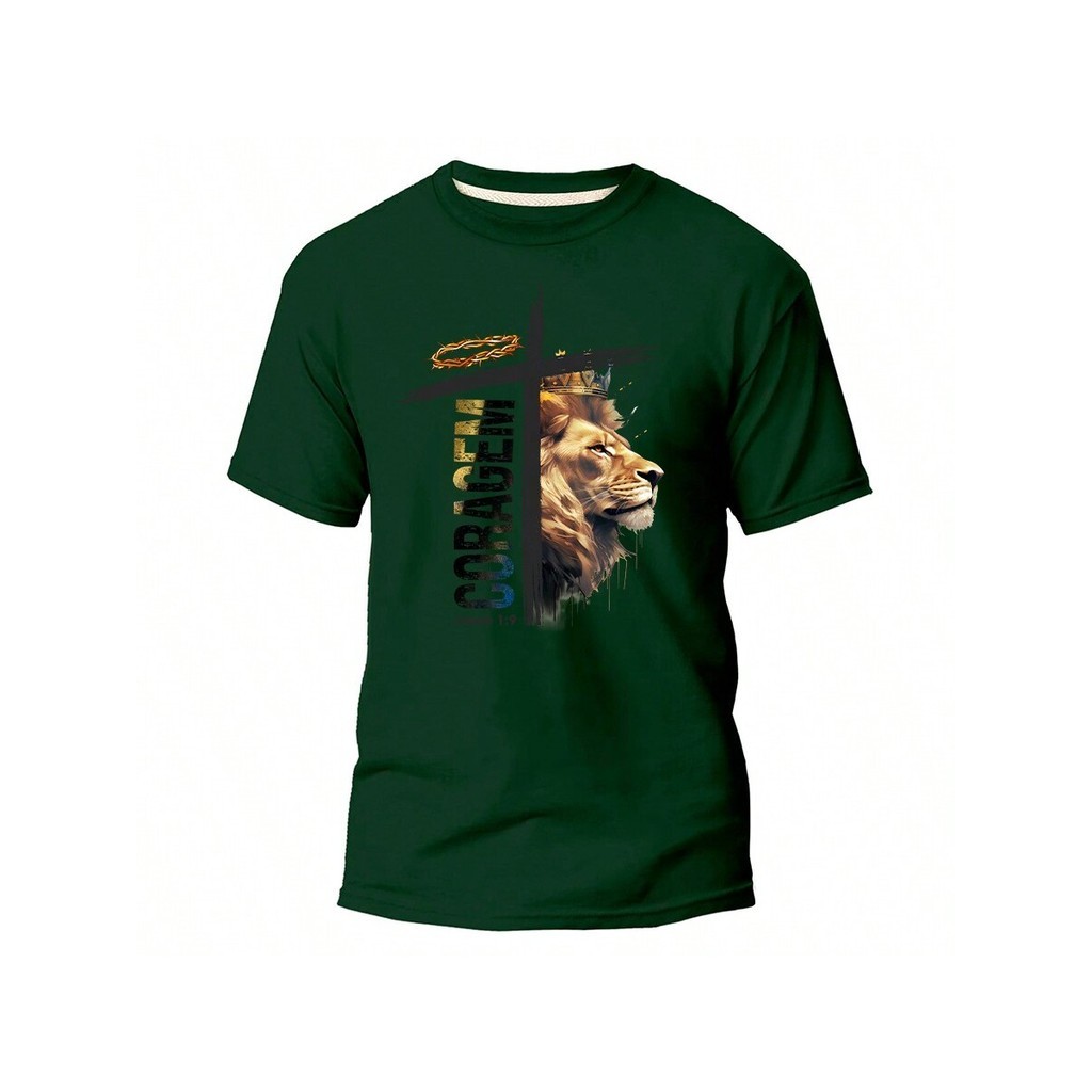 Camisa Camiseta Cristã Gospel Evangélica Estampada Coragem Cruz Leão Reino Unissex Tecido Premium 100% Algodão