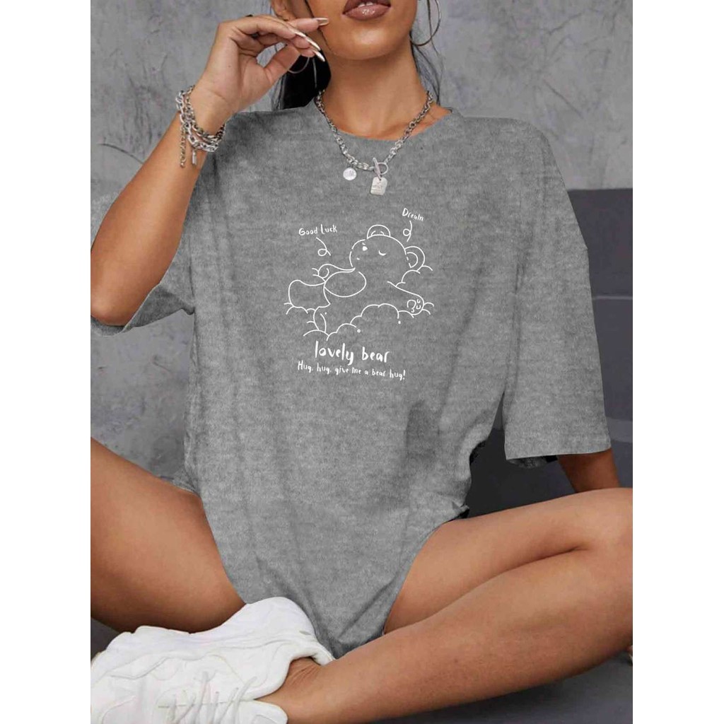 Camiseta Feminina Oversized Aesthetic Tumblr  Estampa Fofa Ursinho Dormir Street Wear Larga T Shirt