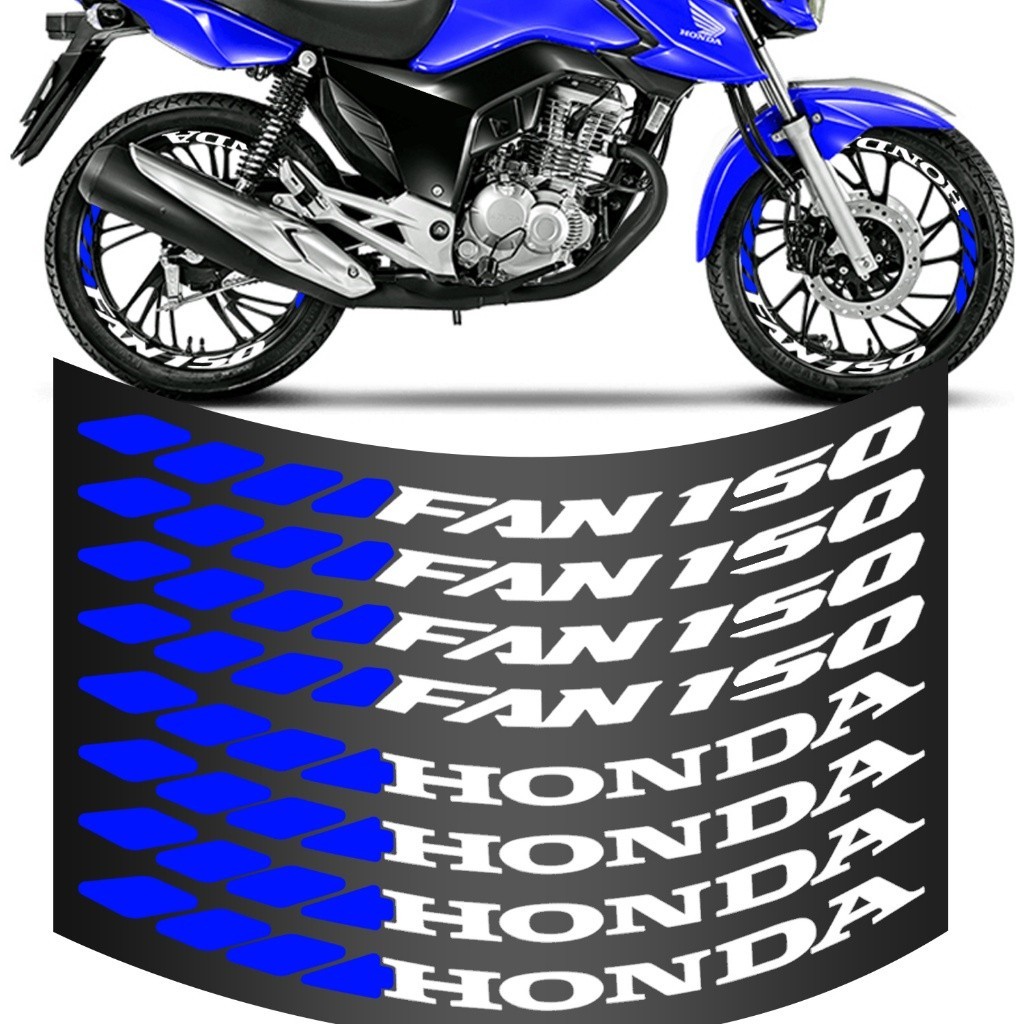 Kit 8 Adesivo Roda Fan 150 Grande Para Moto Branco e Azul Colante