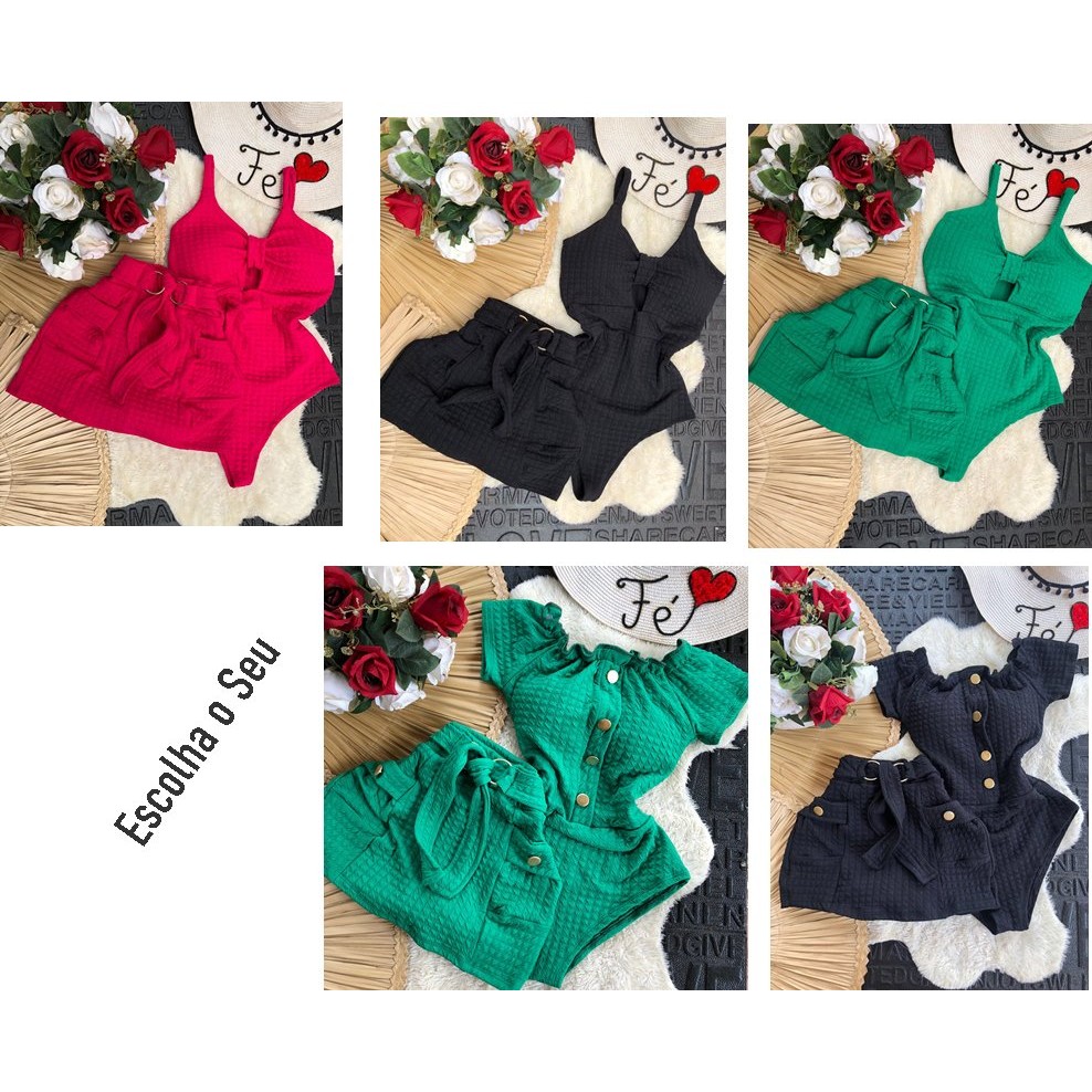 Conjunto Feminino ShortSaia Cós alto Blusa Top com Bojo c12