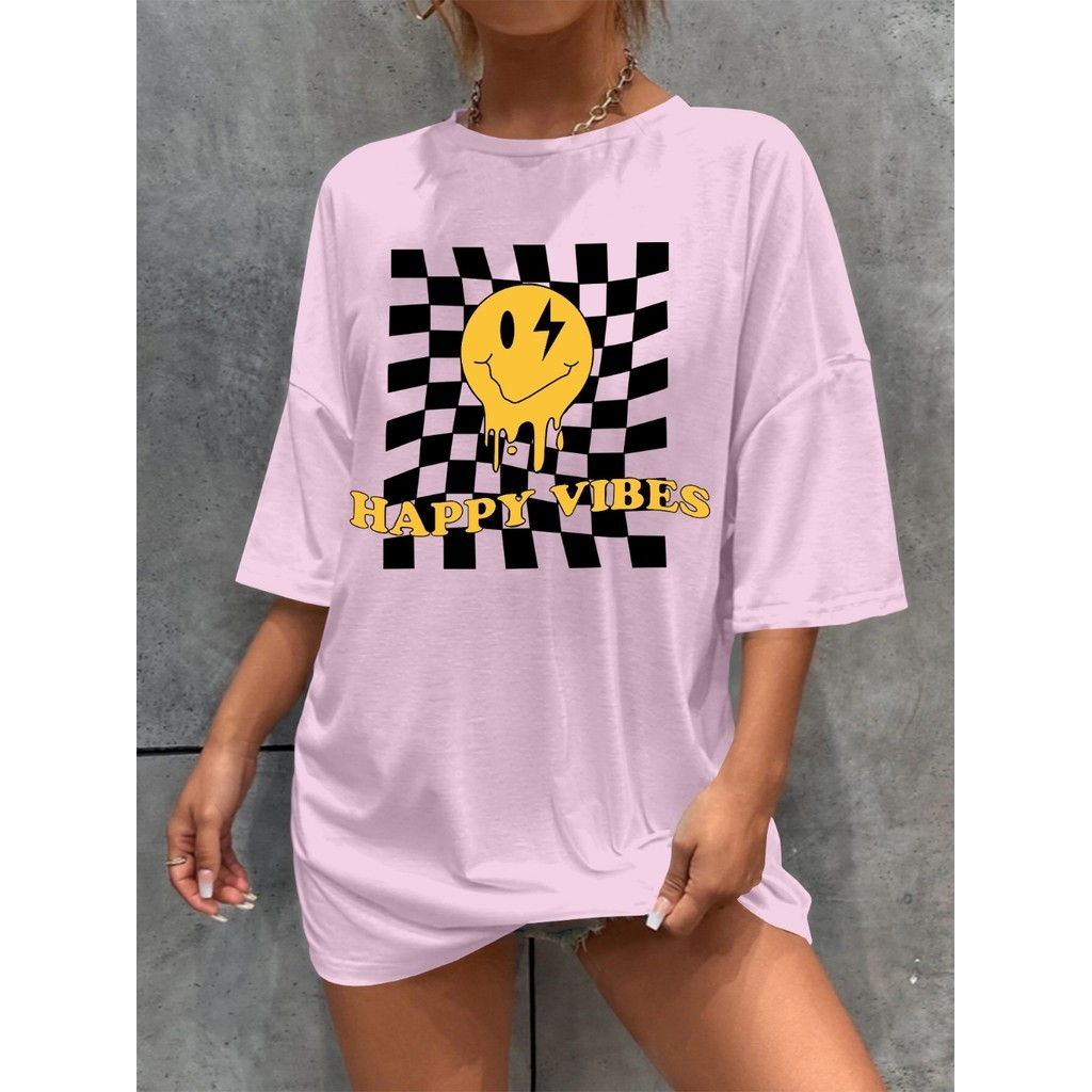 Camiseta Lilás Estampa Happy Vibes T Shirt Casual Bordada Camisa Academia Oversized Larga Academia