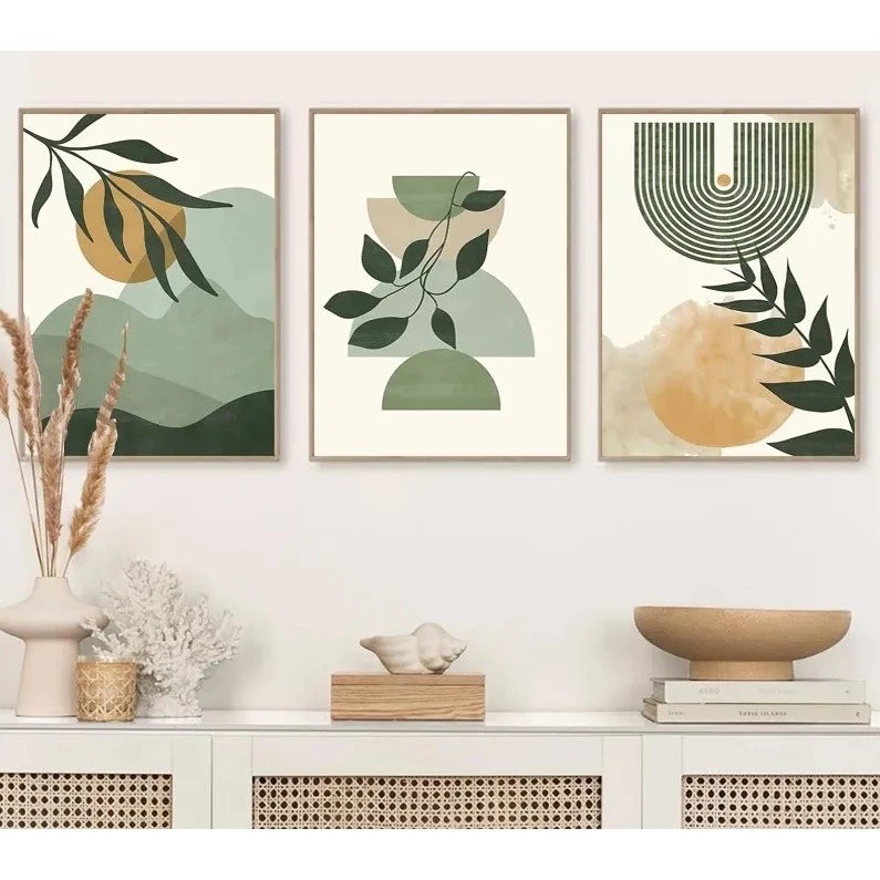 Quadro Decorativo 3 Peças Boho Moderno Abstrato Verde Nude Bege Folhas Decoração Casa Sala Quarto