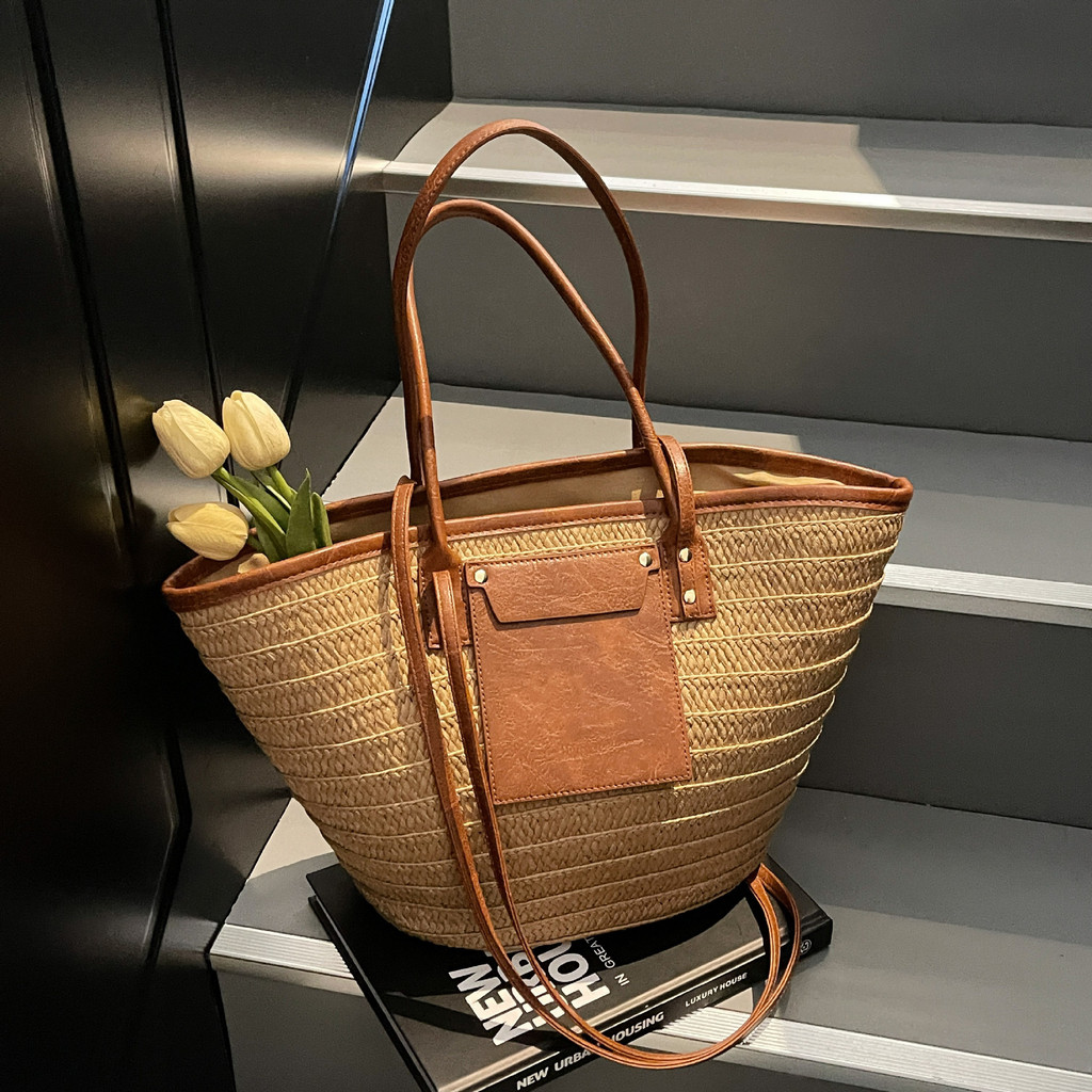Bolsa de palha feminina grande capacidade 2025 verão novo estilo tecido saco à beira-mar férias praia bolsa de ombro sac