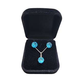 Conjunto Kit Colar E Brinco Zircônia Azul Prata 925 Feminino