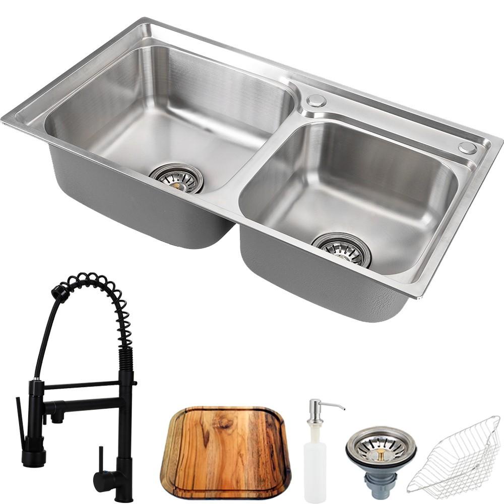 Cuba para cozinha gourmet pia dupla aço inox com acessórios e tábua de corte Ticunas e Torneira gourmet Munim Preta Ping