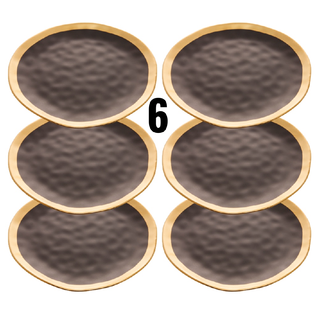 Conjunto Jogo 6 Pratos Rasos Wolff de Jantar Almoço 25cm Porcelana Dubai Preto com Dourado Gold Luxo Requintado
