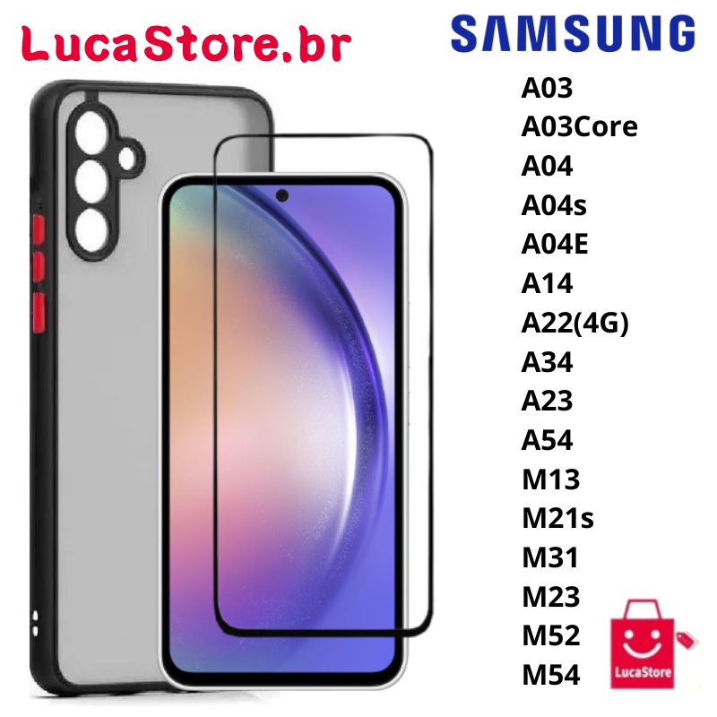 Capa Capinha Fosca Anti Shock + Pelicula De Vidro 3D Para Samsung Galaxy A03/ A03Core/ A04/ A04s/ A04E/ A14/ A22(4G)/ A34/ A23/ A54/ M13/ M21s/ M31/ M23/ M52/ M54
