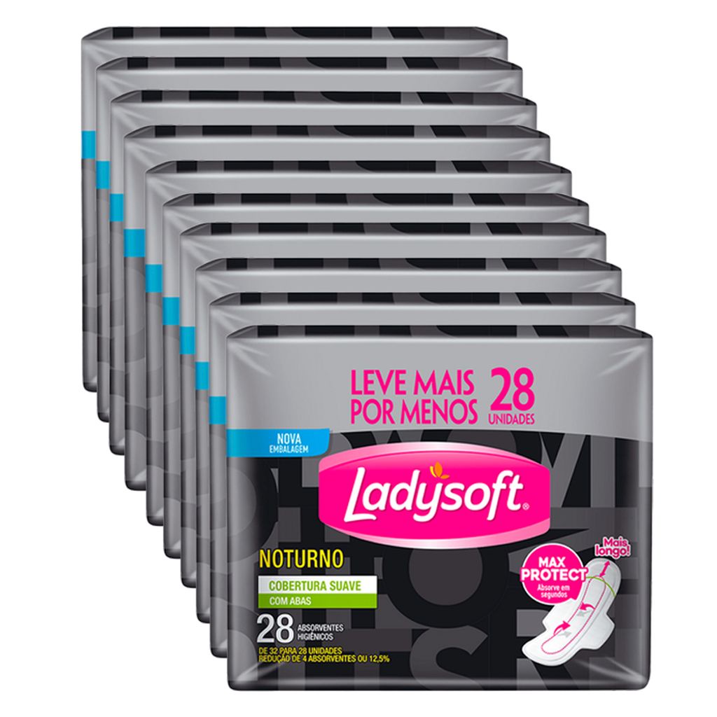 Kit 10 Absorvente Ladysoft Noturno Suave Com Abas Com 28 Unidades