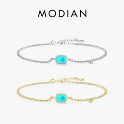 Modian Puro 925 Prata Esterlina Elegante Retângulo Turmalina Paraíba Pulseira Moda Link Corrente Para Mulheres Jóias De