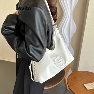 Lovito Bolsa Tote de Ombro Básica Lisa Casual para Mulheres LFA03011 (Branco/Prata/Preto)