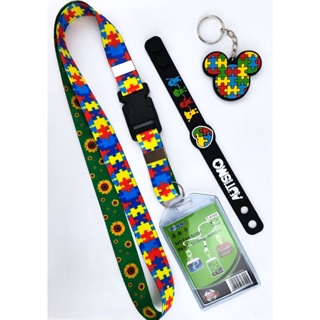 Kit Cordão Autismo Girassol Quebra-cabeça Porta Crachá Pulseira Chaveiro em Oferta na Shopee