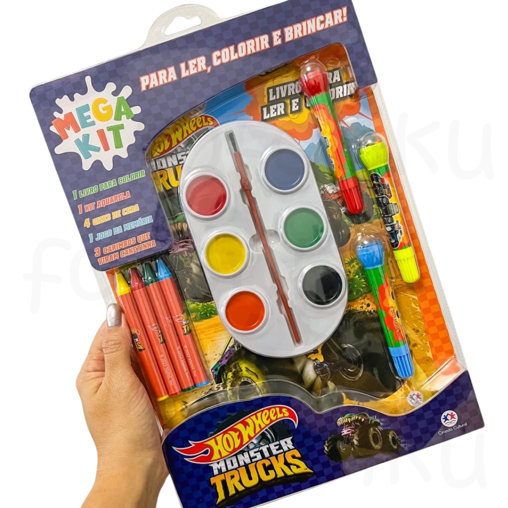 Mega Kit Livro Infantil Colorir Hot Wheels Ler, colorir e brincar Giz de Cera Canetinha Aquarela